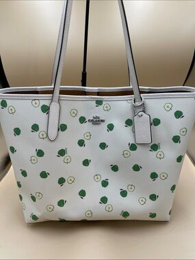 Coach White Leather Tote with Green Apple Motif
